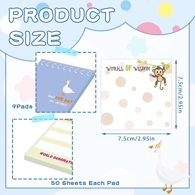 9 Pcs Funny Animal Notepads 3" x 3" Self-Adhesive Note Pads Cute Memo for Work Office School Home - 450 Sheets Reusable Animal Sticky Notes