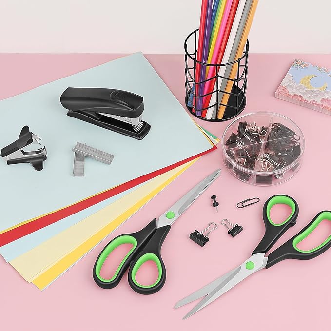 Scissors，Office Supplies Kit, Desk Accessories Set, Products Include Scissors, Stapler, Staples, Staple Remover，Pen Holder, Paper Clips, Push Pins, Binder Clips
