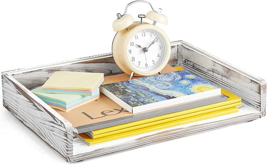 DRASTAR Paper Organizer for Desk, Wood Stackable Paper Tray, Office Desk Organizers & Accessories, Letter Tray Retro White