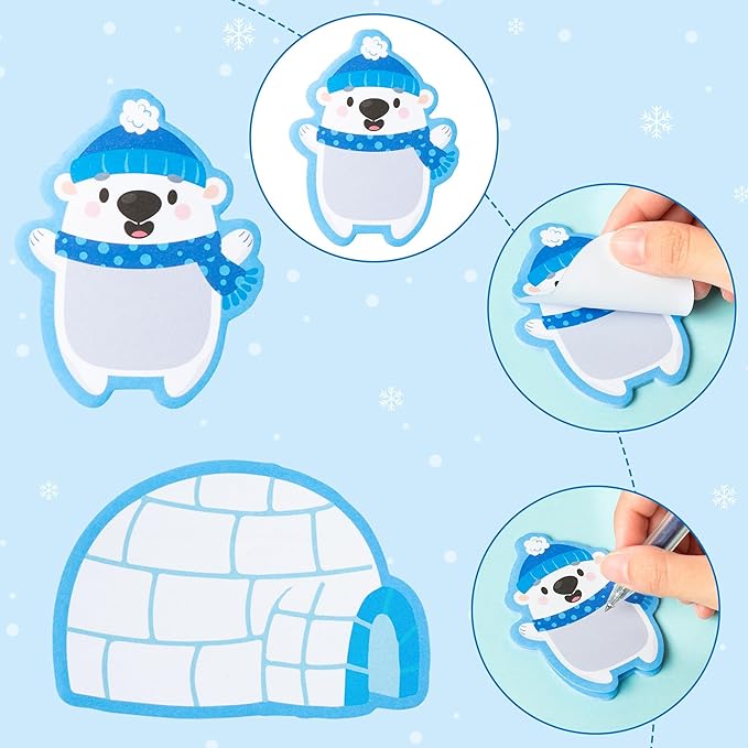 ANGOLIO 30Pcs Polar Animals Sticky Notes - Cute Arctic Theme Memo Pads for Journaling Office Supplies, Winter Animal Design Motivational Notepads