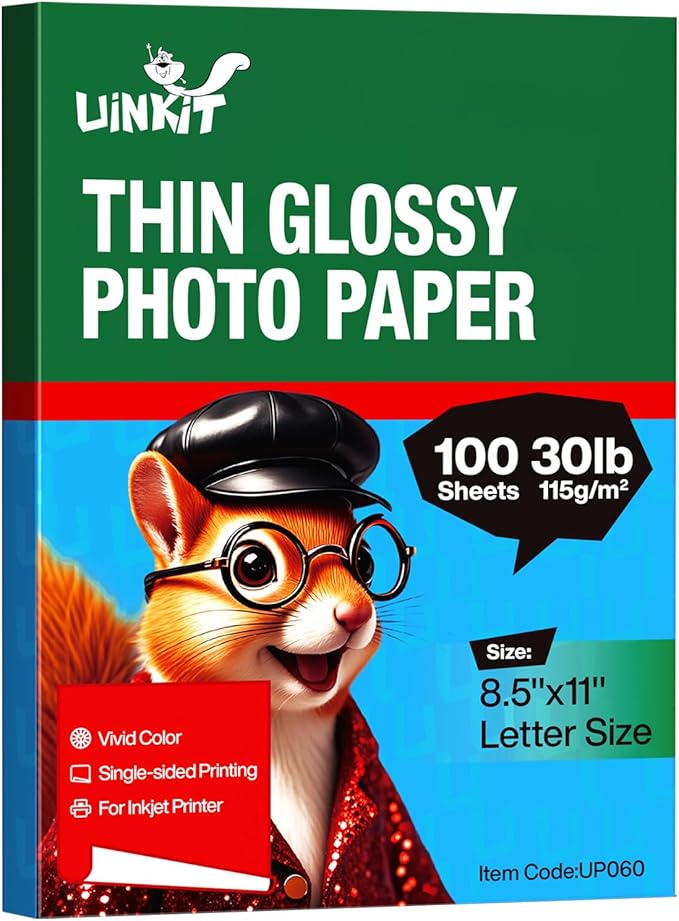 Uinkit 100 sheets 30lb Very Thin Flyer Paper Glossy 8.5x11 Inkjet Single Side DIY Chip Bag 115gsm Photos Picture for Inkjet Printer with Dye Ink Letter size A4 Brochure