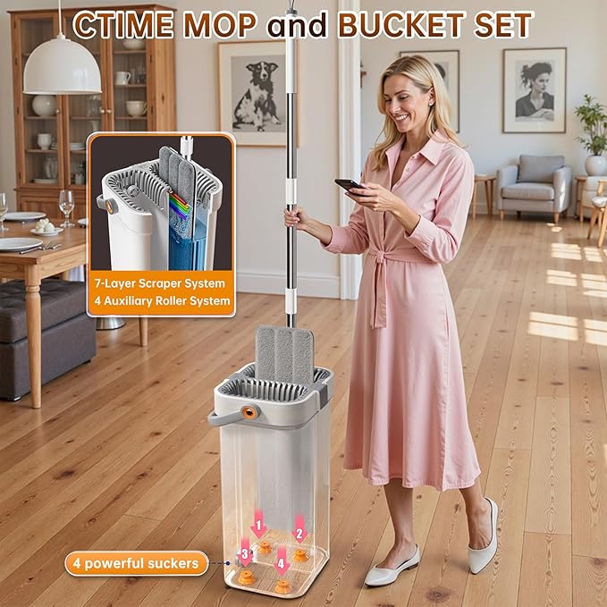 CTIME Large Mop and Bucket Set, 7-Layer Scrapers, Flat Mop and Bucket System, Wall Mop with Adjustable Handle, 7 Washable 15.74" Microfiber Pads