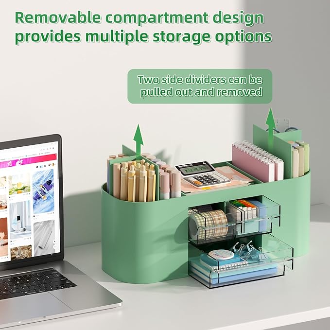 Marbrasse Desk Organizer Pen Holder for Desk with 3 Drawers, Multi-Functional Pencil Holder, Desk Organizers and Accessories with 7 Compartments for Home, School, Classroom(Green)