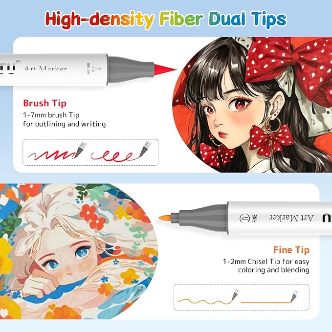 Alcohol Markers Brush Tip - 50 Colors Dual Tip Markers, Brush & Fine Alcohol-based Art Marker Set for Kids Adults Coloring Illustration, Alcohol Sketch Pens with Carrying Case, Non-Bleeding Pad