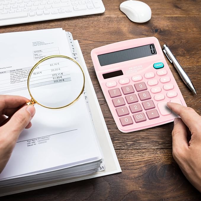 Konohan 8 Pieces 12-Digit Calculator, Solar Basic Desktop Calculator Large Display Electronic Dual Power Handheld for Home Office School(Pink)