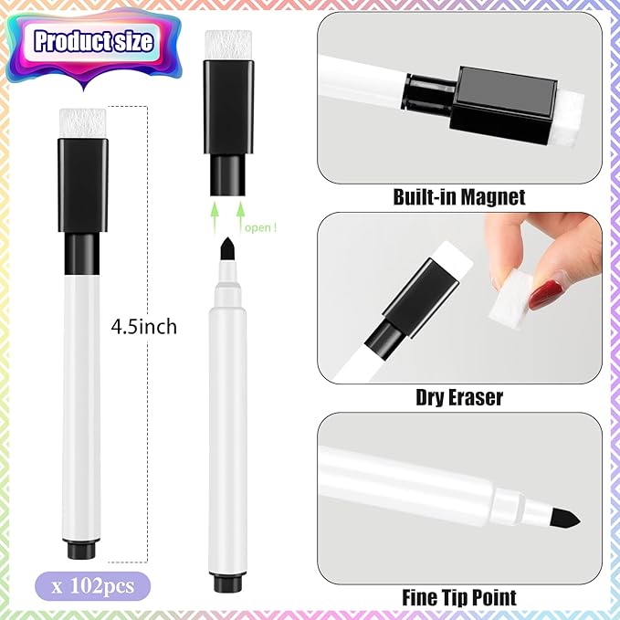 102 Pcs Magnetic Dry Erase Markers, Dry Erase Markers Fine Tip with Eraser Cap, White Board Markers Dry Erase for Whiteboard, Dry-Erase Boards, School, Office and Home (8 Colors)