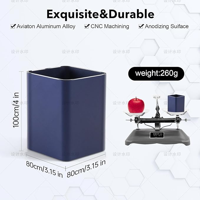 RQB Metal Pen Holder for Desk Square Aluminum Desktop Organizer and Makeup Brush Holder Storage Box for Office, School, Home, and Kids, Non-slip silicone 4×3.15inch (Blue)