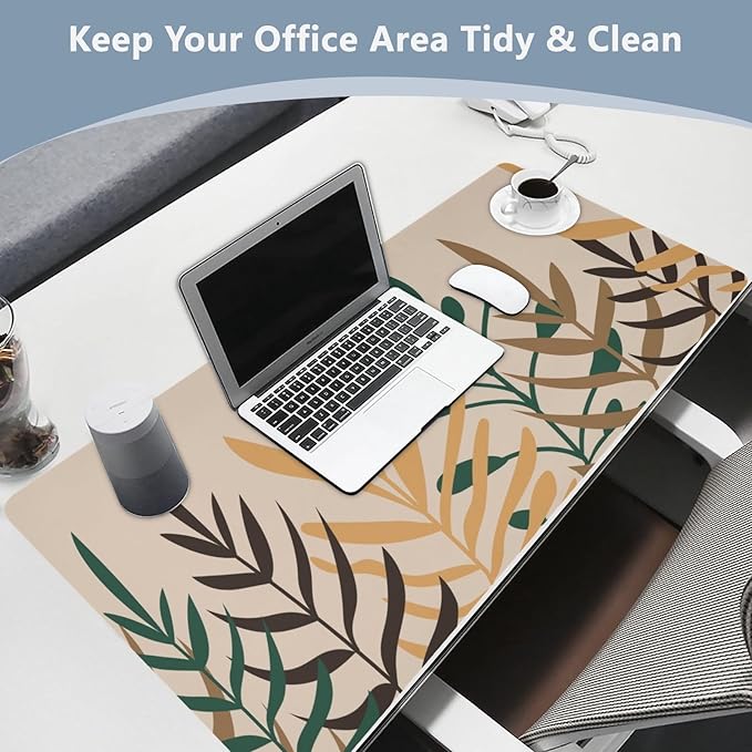 Mouse Pad Desk Mat Leather Desk Pad Large Gaming Desk Cover Protector Mat for Keyboard Computer Laptop Office Waterproof 47.2 x 23.6 Inch Boho Leaves Beige