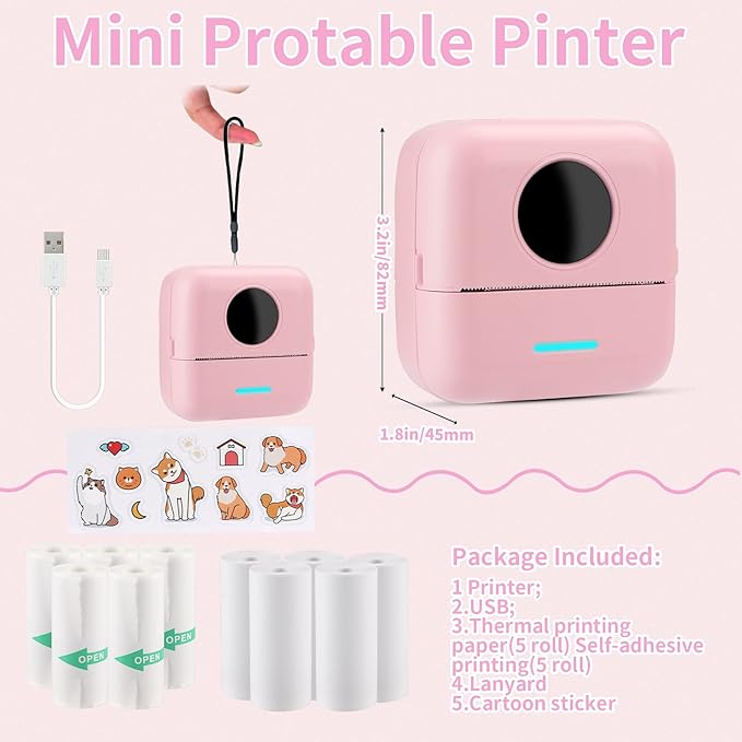 HuiJuKeJi Mini Sticker Printer Bluetooth Smart Pocket Inkless Thermal Printer with 11 Rolls Thermal Paper and Sticker for iOS&Android, Portable Receipt Printer for Photo Journal Notes Memo