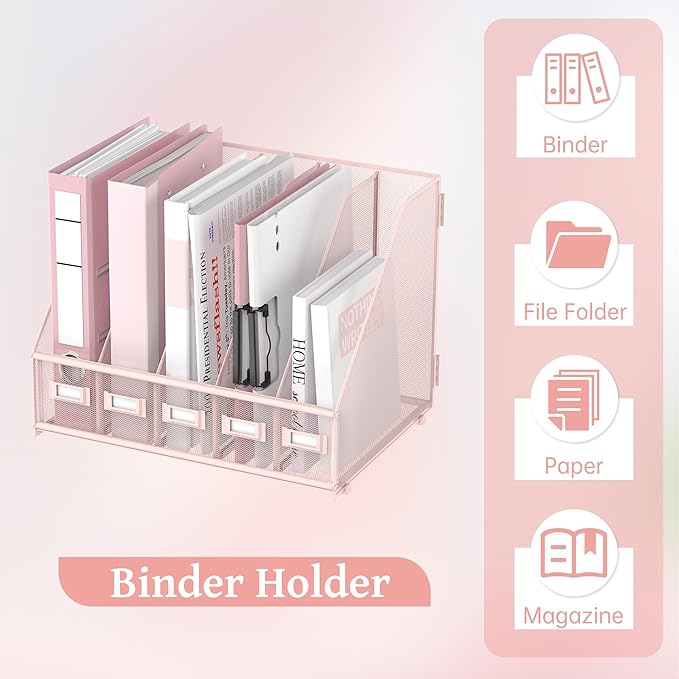 SUPEASY Desk Organizers Metal Desk Magazine File Holder with 5 Vertical Compartments Rack File Organizer for Office Desktop, Home Workspace, Pink Plus