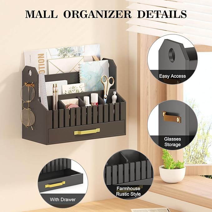 Bamboo Mail Organizer Countertop with Drawers, Wood Desk File Organizer Desktop Paper Organization Storage Bill & Letter Sorter Holder for School Home Office Supplies, No Assembly Required (Black)