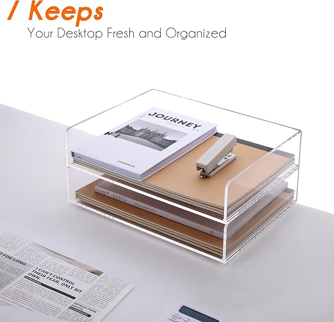 Paper Organizer for Desk,2 Tier Stackable Paper File Holder Tray,A4 Size Acrylic Desk Organizer Letter Tray,Desk Organizer/Accessories for Office Home School Organization-Clear