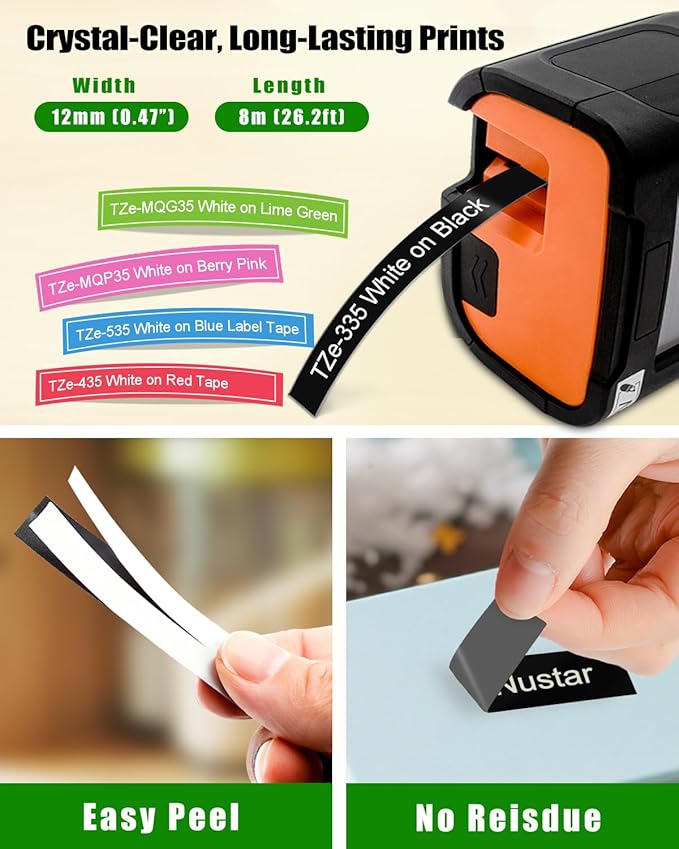 RAEMALL Compatible with Brother Label Tape TZe335 TZe435 TZe535 TZeMQG35 TZeMQP35 TZe TZ Tape, 12mm 0.47 Inch Laminated White on Color Compatible with Brother P Touch Label Maker PT-D210 H110