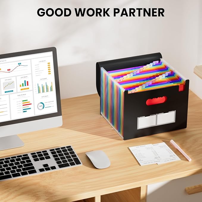 Sooez 24 Pockets Expanding File Folder with Blank Labels, According File Organizer with Expandable Cover, Desktop Accordion Folders Letter A4 Paper Document Storage Organizer, Black