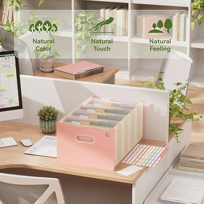 Accordion File Organizer, 26 Pockets Wheat Straw Expanding File Folders, Upright&Open Top, A-Z Bill Receipt Organizer, 100% BPA Free, Return to Nature, Healthy Living, Letter/A4 Size-Strawberry Pink