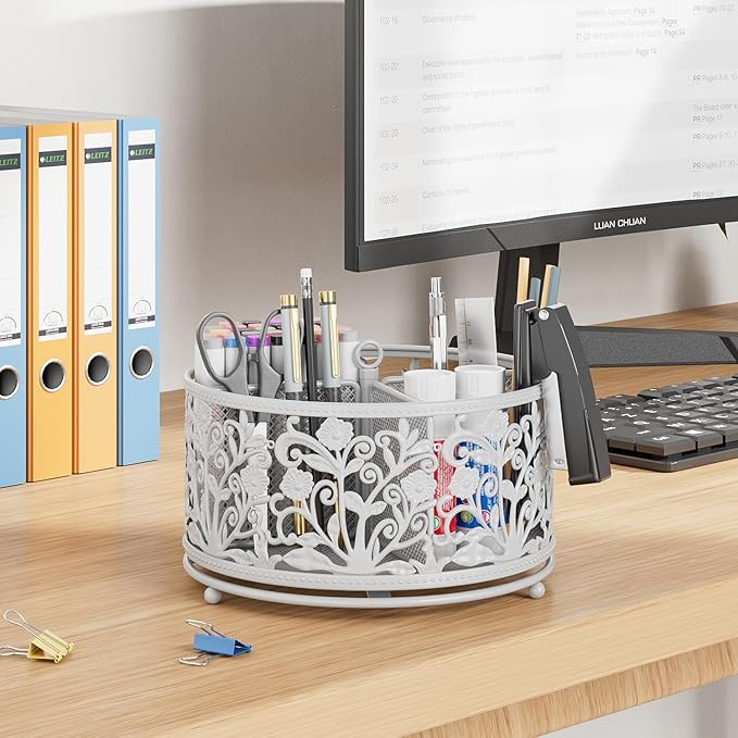 EKNITEY Rotating Mesh Desk Organizer - 4 Slots Cute Pen Pencil Holder Caddy for Office Art Supplies Home School Classroom White