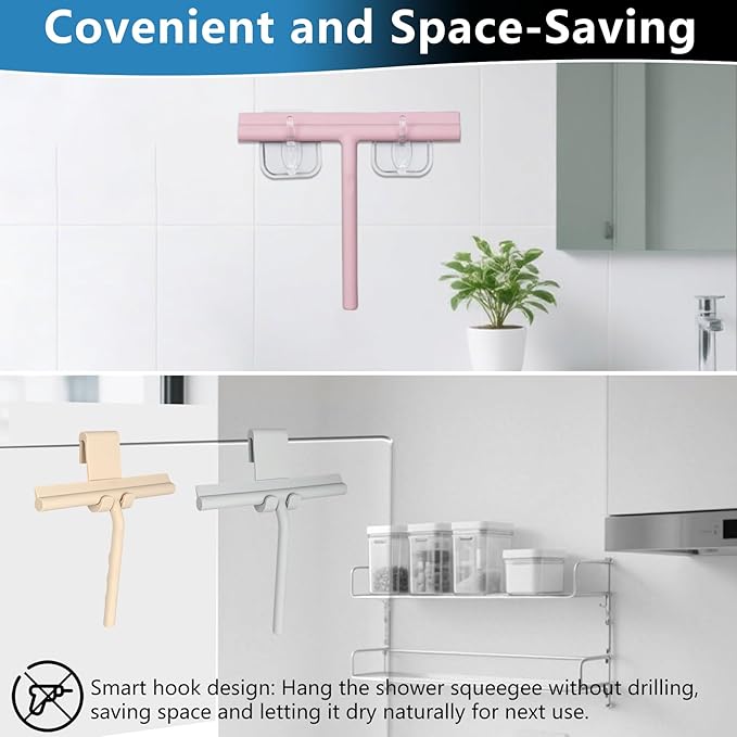 DEOFUXT Shower Squeegee for Glass Doors, Full Silicone Jacketed Squeegee with Ergonomic Handle & No-Drill Hook, Cleaning Tool for Windows, Mirrors, Tiles, Bathroom & Car - Black