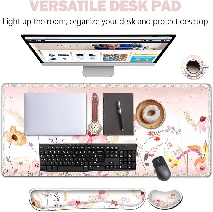 AIMSA Keyboard Mouse Pad Wrist Rest, Extended Gaming Mouse Pad +Wrist Support, Ergonomic Memory Foam,XXL Large Mousepad Easy Typing Pain Relief, 4Pcs (35×15.7 in) Desk Mat, Pink Flowers