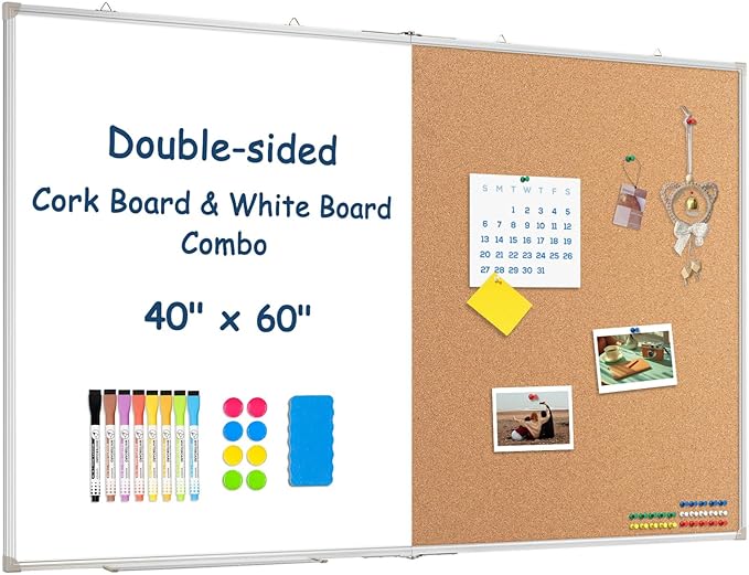 Large White Board Dry Erase Foldable Cork Board Combo, 60" x 40" Double Sided Dry Erase Board for Wall, Magnetic Whiteboard Cork Board Combination for Office, Home, School, Kitchen