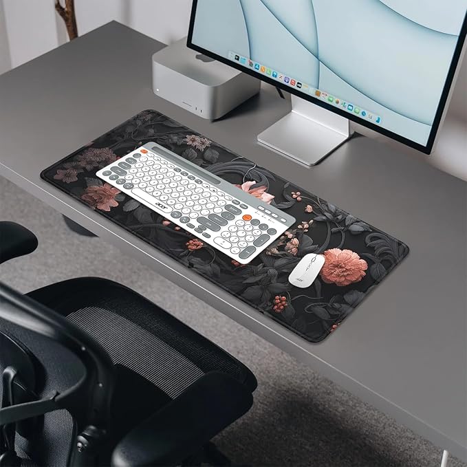 Black Art Flowers Mouse Pad,Large Vintage Floral Mousepad Desk Pad with Stitched Edges,Non-Slip Waterproof Rubber Base Mouse Mat for Office Computer Keyboard Laptop Home(27.5x11.8 in)
