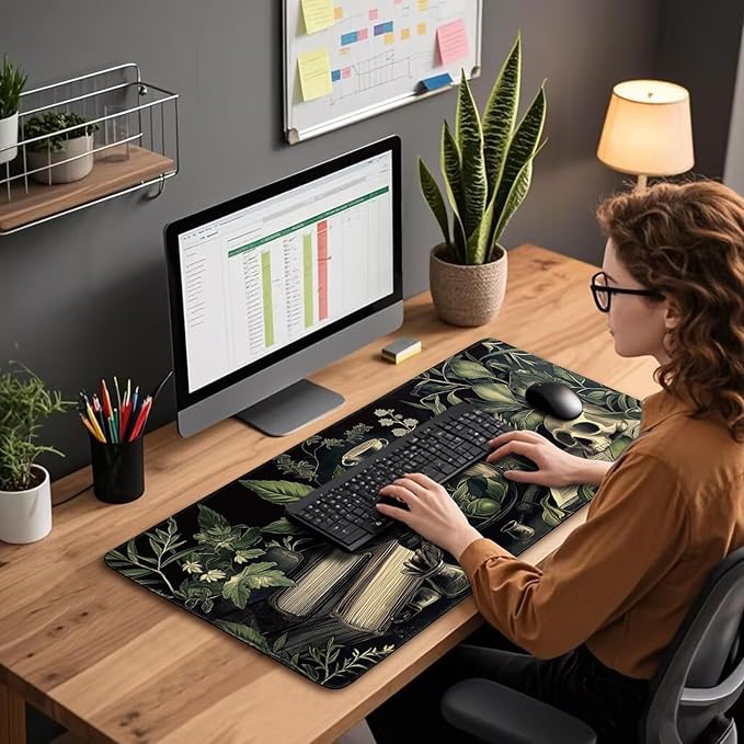 Gothic Dark Botanical Large Gaming Mouse Pad 31.5"x15.7"｜XXL Desk Mat, Non-Slip Rubber Base & Stitched Edges - Extended Waterproof Mousepad for PC/Laptop/Office/Home Decor