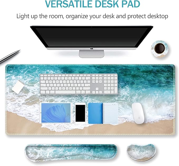 ARTSO Extended Gaming Mouse Pad Set, Keyboard Wrist Rest Support Pad + Wrist Cushion + XXL Large Mouse Pad + Coaster, Stitched Edge, Non-Slip, Memory Foam Desk Mat, Beach Waves