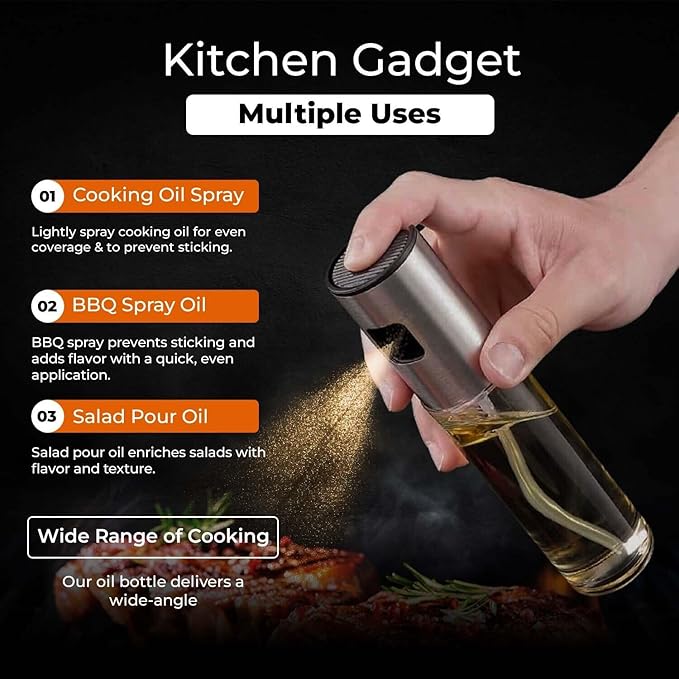 VIGOR PATH Oil Sprayer Mister - 100ml Stainless Steel Cooking Oil Sprayer Bottle for Air Fryer, BBQ, Salad, Baking, and Roasting - Refillable Oil, Vinegar, Sprayer for Kitchen Gadgets - Pack of 1