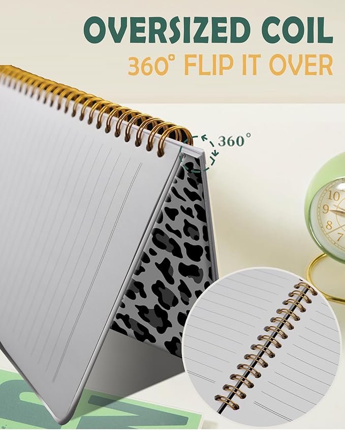 Ruled Spiral Writing Notebook,A5 Hardcover Lined College Journal for Women Lady Girl,Strong Twin-Wire Binding with Premium Paper,8.4" X 6",Perfect for School,Office,Home Gifts(black and gray leopard)