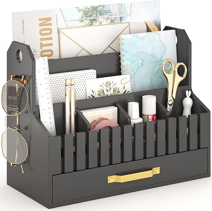 Bamboo Mail Organizer Countertop with Drawers, Wood Desk File Organizer Desktop Paper Organization Storage Bill & Letter Sorter Holder for School Home Office Supplies, No Assembly Required (Black)