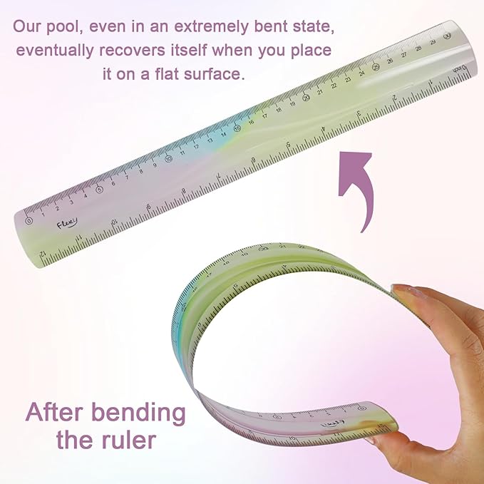 2 PCS Ruler, Kids Ruler, Soft Flexibleruler, Bendable Plasticruler, Single Piece Plastic Construction, with 1 Measuring Tape for School, Classroom, Office, Kids & Adults (5.9 in, 11.8 in)