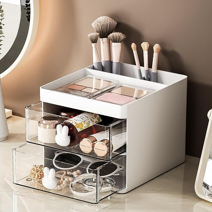Marbrasse Small Desk Organizer with Drawer, Multi-Functional Pen Pencil Holder Storage Box, Desk Organizers and Accessories with 3 Compartments + 2 Drawer for Office Art Supplies(White)
