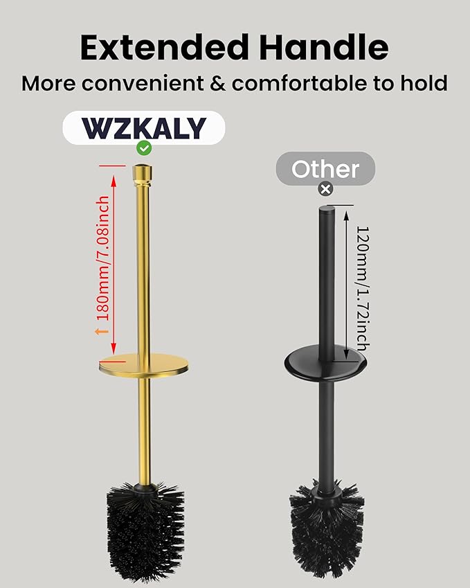 WZKALY Toilet Brush and Holder Set, Toilet Bowl Brush for Bathroom with Long Handle, Stainless Steel Toilet Cleaner Brush with Durable Scrubbing Bristles,Splash-Prooft (Brushed Gold)