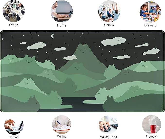 Anime Green Cats Mouse Pad Desk Pad Kawaii Cartoon Cat Desk Mat Cute, XXL Large Laptop Gaming Mousepad Keyboard Mouse Mat, Office Desk Decor matt for Women with Stitched Eges Pad, 31.5x15.75 in