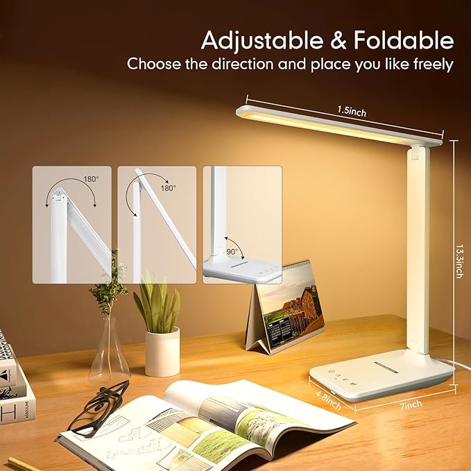 White crown LED Desk Lamp with 15W Wireless Charger & USB Port, Dimmable Table Lamp with 5 Lighting Modes, Sensitive Touch Control, Foldable & Portable Desk Light for Home, Office, Bedroom, Reading