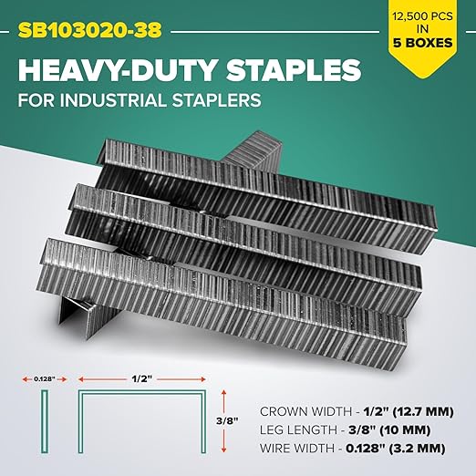 IDL Packaging Heavy Duty Staples for Pneumatic Stapling Plier SP50-10B-A, 1/2" x 3/8" x 0.128" (5 Boxes, 12500 pcs) - High-Tensile Stainless Steel Industrial Staples