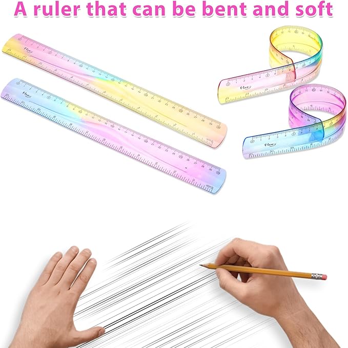 2Pcs Flexible Ruler, Ymapinc 12 Inch Bendable Ruler Plastic Bend Ruler with Centimeters and Inches Colorful Straight Foldable Ruler for School Classroom Office Kids Adults Student