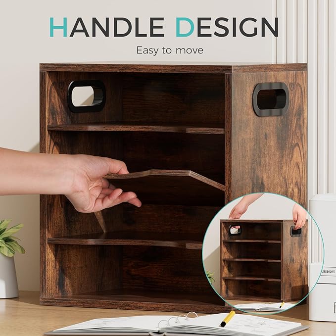 Vintage Wood File Organizer Desktop-14.5’’ Document Letter Mail Tray Sorter with 3 Adjustable Shelves Wooden Desk Organizer File Holder for School Home Office Supplies (Retro Brown)