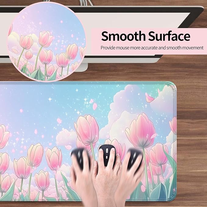 Pink Flower Tulips Gaming Desk Mat, Computer Keyboard Large Extended Long Floral Mouse Pad for Office and Home, XL (W30)