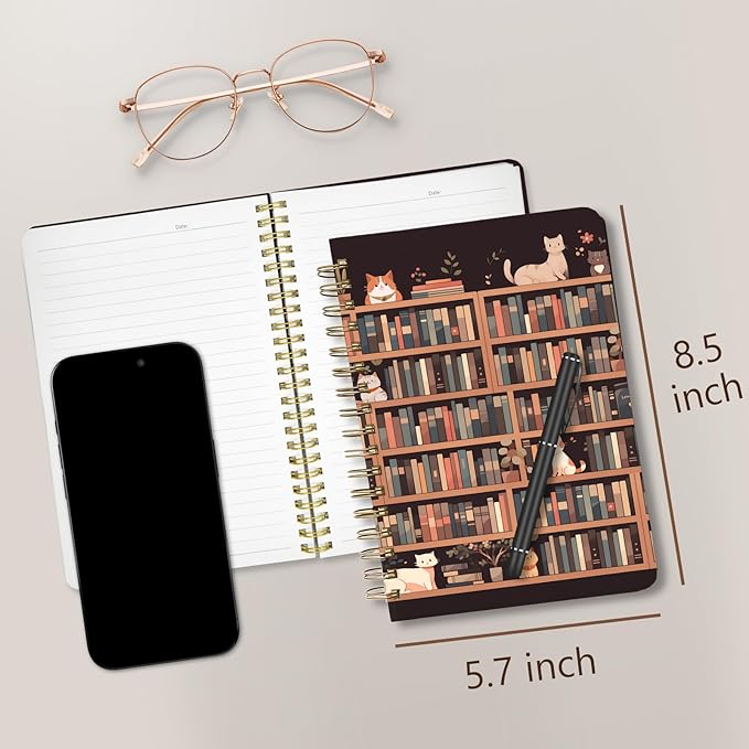 Cute Spiral Notebook journal A5 Aesthetic Pretty Floral Design for Women Girls Kawaii with Pocket, 8.5 x 5.7 inch, Cat