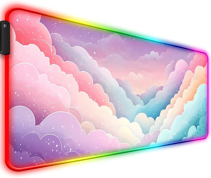 RGB Dreamy Colorful Cloud and Star Gaming Desk Mat, Computer Keyboard Large Extended Long Girly LED Mouse Pad for Office and Home, XL (W08)