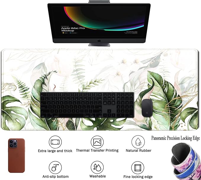 Green Tropical Leaves Desk Mat XL Large Gaming Mouse Pad Green Sage Plant Laptop Keyboard Mouse Mat Office Supplies Desk Decor Accessories for Women, Desk Mats Pads on top of Desks, 31.5x11.8 in