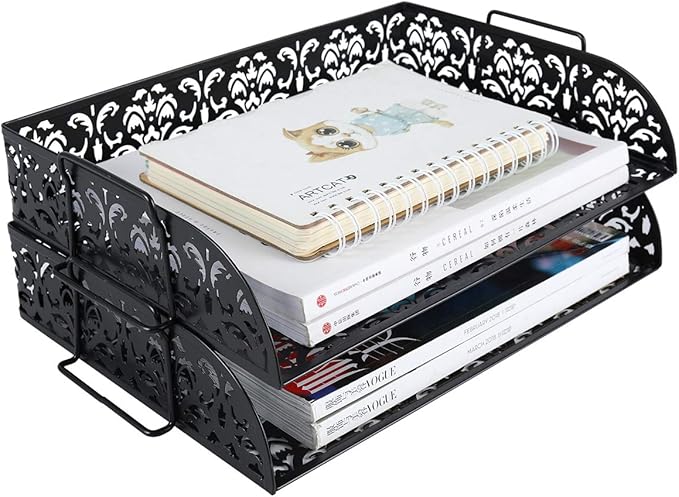 EasyPAG Paper Organizer for Desk 2 Tier Stackable Paper Tray for A4 Legal Size Folders Metal File Storage Desktop Organizer for Home Office School Teacher, Black