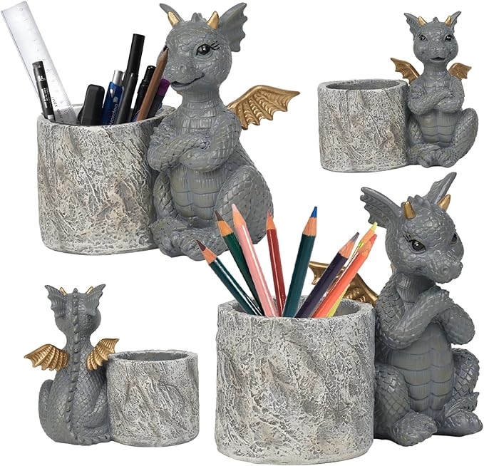 Guichifun Dragon Pen Holders Home Décor - Set of 2 Dragon Vase Decor Figurines Pen Holder for Desk Cute Fashion Desk Organizers and Accessories Office Idea Gift for Women and Kids 5 x 3 x 4.5 Inch