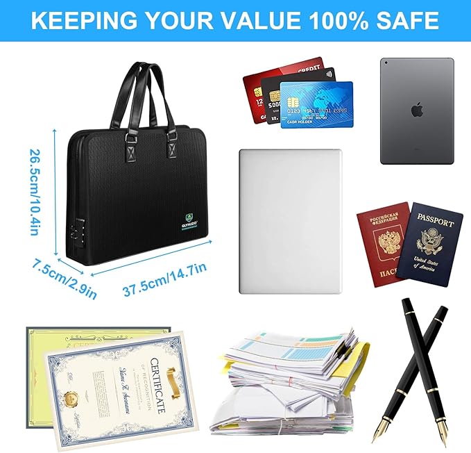 Portable Fireproof Important Document Organizer Binder with Lock for A4 Size, 13-Pocket Expanding File Folder with Zipper for Personal Document Storage, Business, and Estate Planning