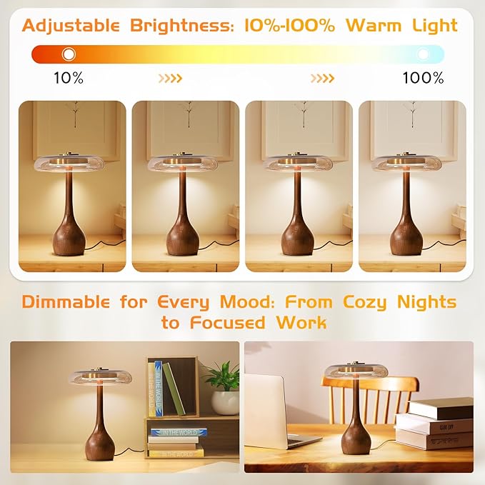 Small Table Lamp for Bedroom-Wooden Base Teardrop Mushroom Table Lamps,Amber Glass Shade,LED Three Color Temperature Adjustable Brightness Modern LED Side Table and Desk Lighting(H 12.4 in)