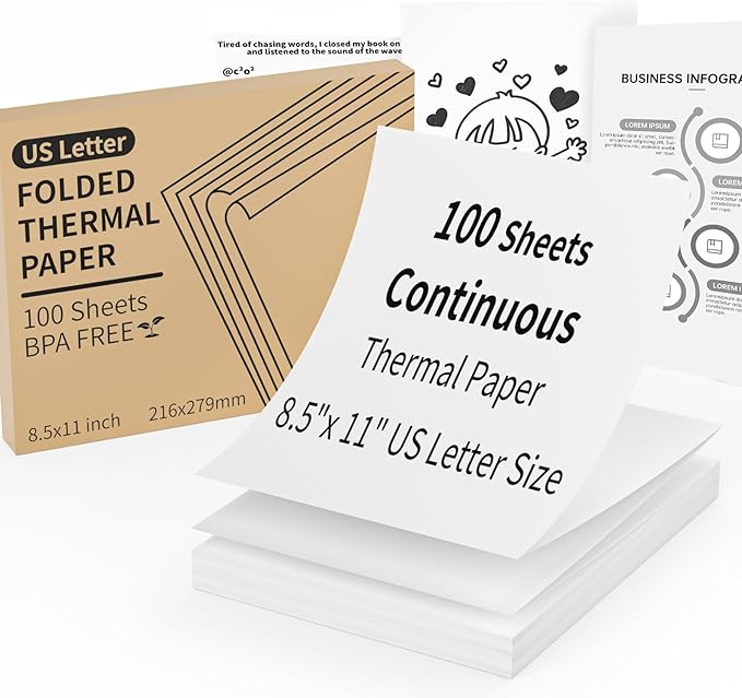 Continuous Thermal Printer Paper 8.5" x 11" US Letter Size - High-Efficiency Durable Printing for Home Work, Printing Contract, Compatible with Most Thermal Printers (100 Sheets/Continuous Folding)