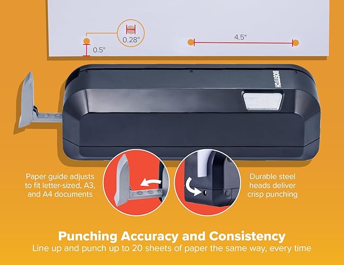 Bostitch Office Electric 3-Hole Punch, Dual Paper Loading, Heavy Duty, Jam-Free 20 Sheet Capacity, AC Adapter or Battery Powered, Space Saving, Black, (EHP20-BLK)