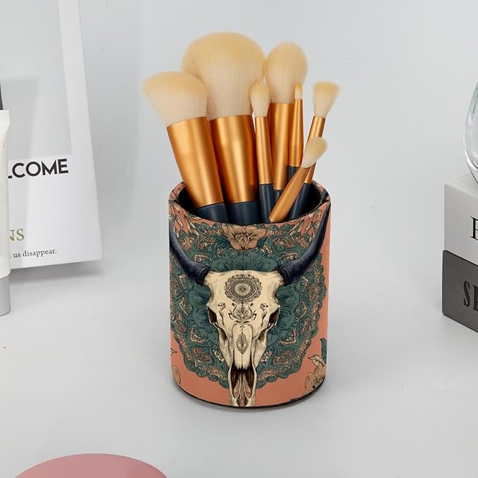 Vintage Western Skull Floral Flower Bones PVC Leather Circular Pencil Holder for Desk Organizer Stationery Holder for Office, School(3.9 x 3.1 Inches)