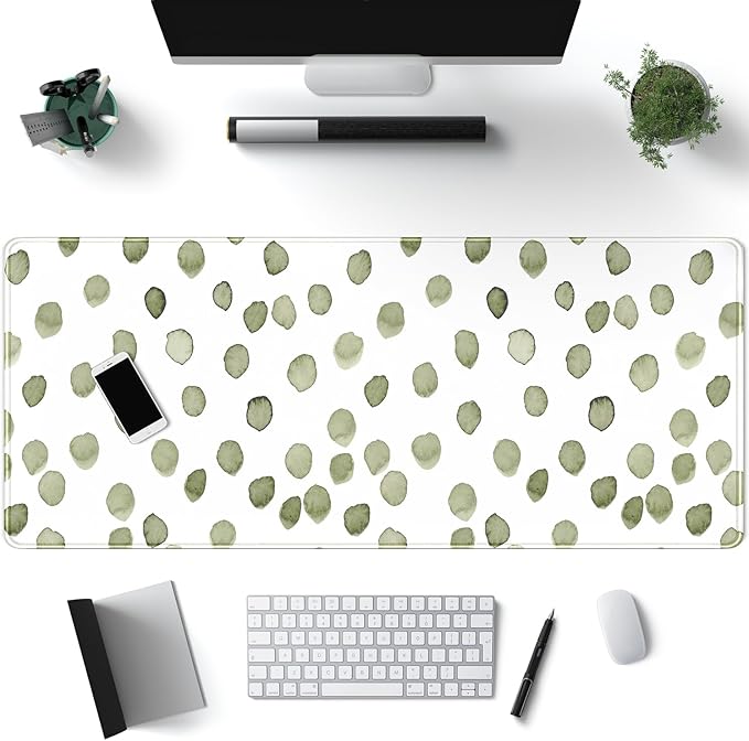 Cute Polka Dot Minimalist Green Keyboard Pad Simple & Atmospheric Desk Mat XL Large Mouse Pad for Women Office Desk Decor Desk Pad with Stitched Edges 31.5x11.8in, Computer Laptop Pad Gaming Mousepad