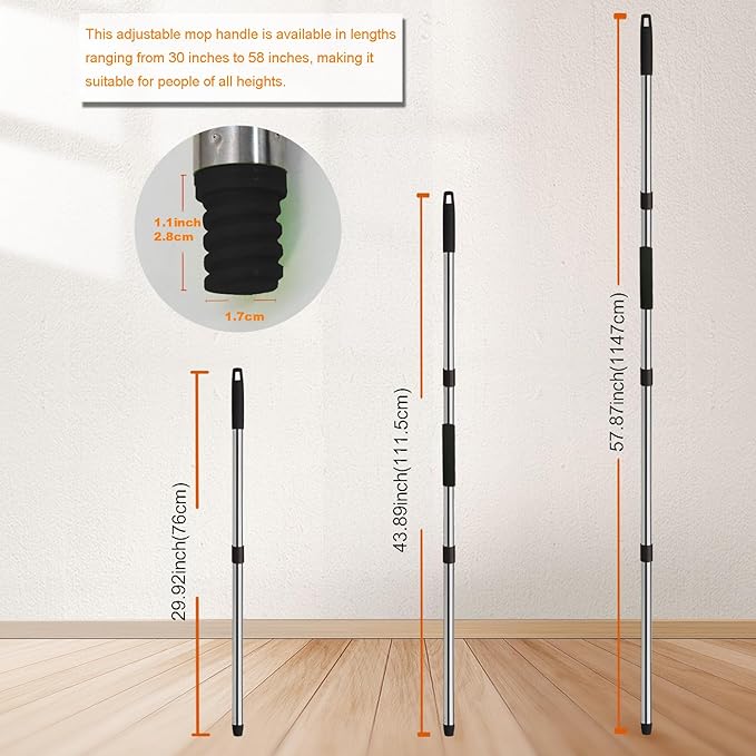 Xifando Mop Handle Replacement - 4-Section Adjustable from 30" to 58" - Durable Stainless Steel Mop Pole with American Thread Joint for Spin Mops & Brooms (Black)